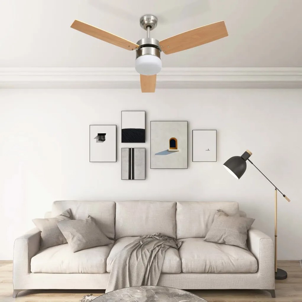 Ventilator tavan cu iluminare telecomanda, maro deschis, 108 cm