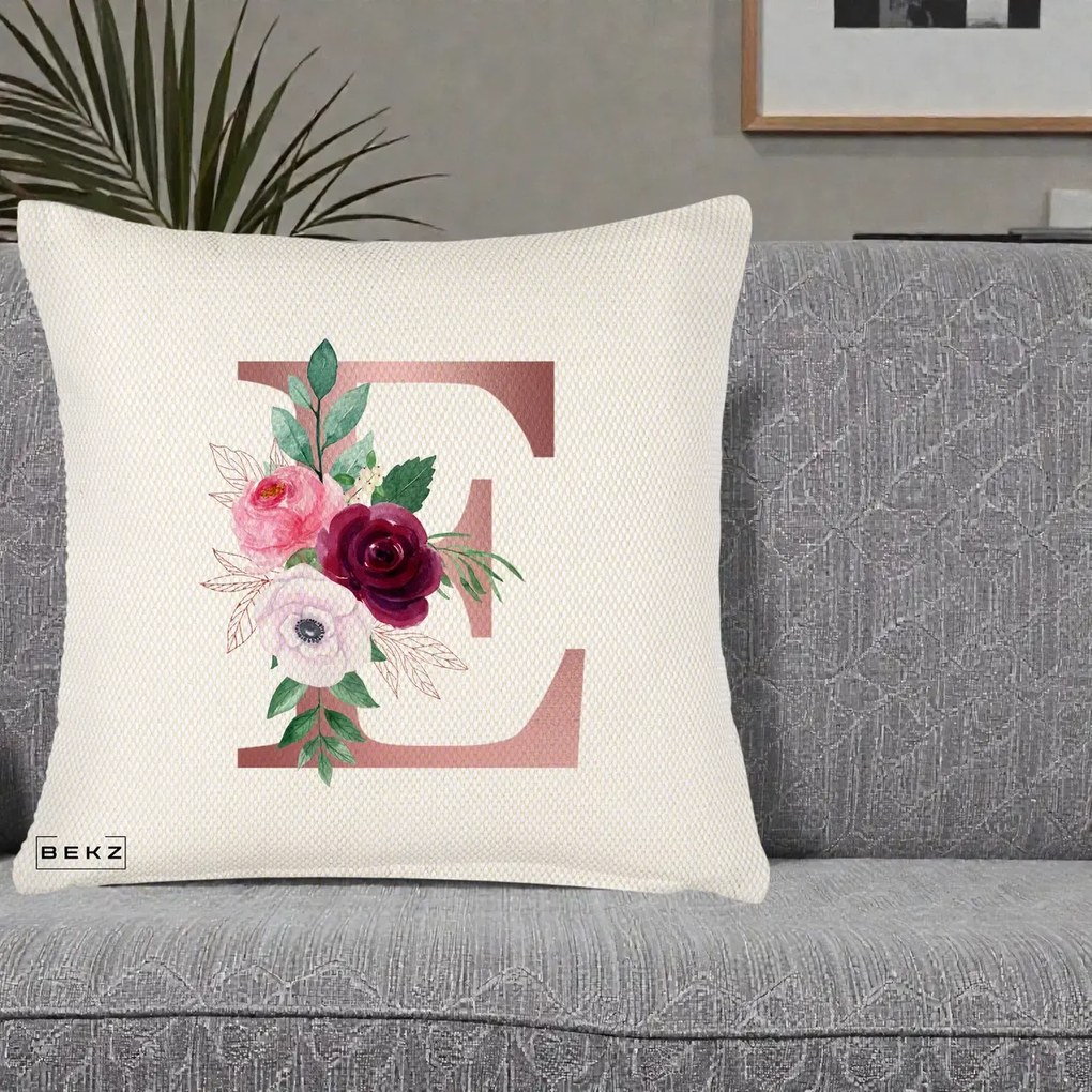 Cadou Personalizat - Perna Personalizata Monograma Rose Gold Litera E, 40x40 cm, Crem Reliefat, Husa Detasabila, Perna Inclusa, BEKZ®