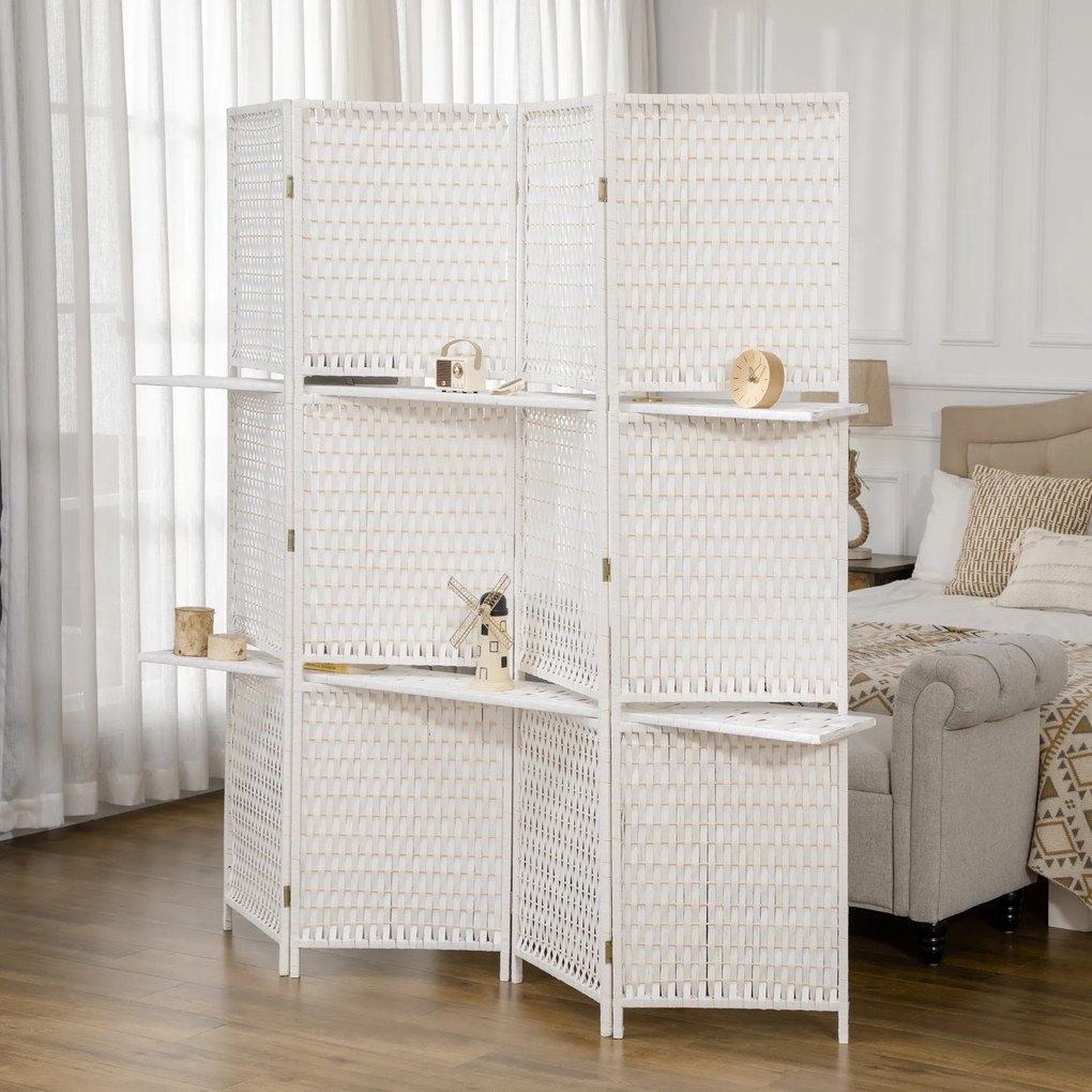 HOMCOM Separator de cameră 4 panouri 2 rafturi pliabile alb paie | Aosom Romania