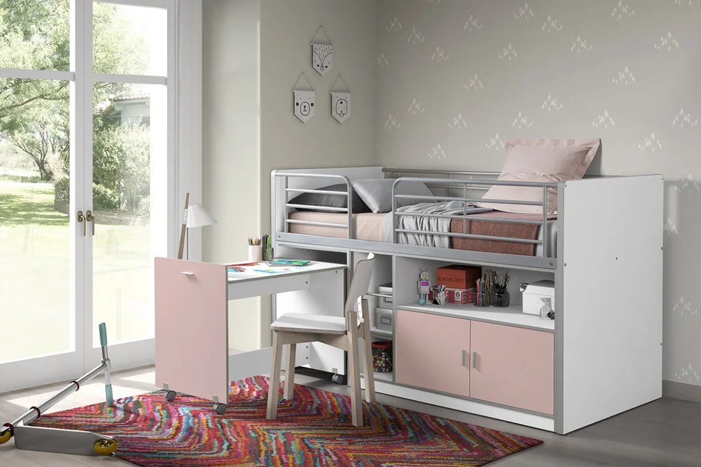 Pat Supraetajat cu Birou Extensibil și Spații de Depozitare, Roz Deschis (Metal și PAL) – Bonny – Vipack