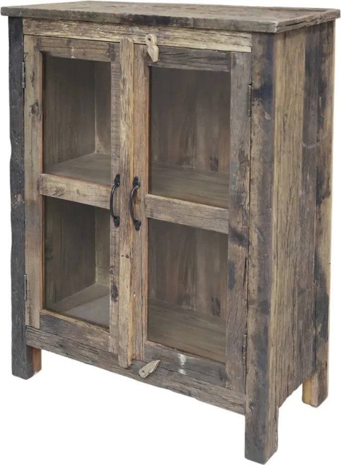 Vitrină mică rustică din lemn reciclat, natur, cu 2 uși vitrate, 1 raft și zăvoare din lemn, finisaj natural, 100 x 75 x 35 cm, „Grimaud”