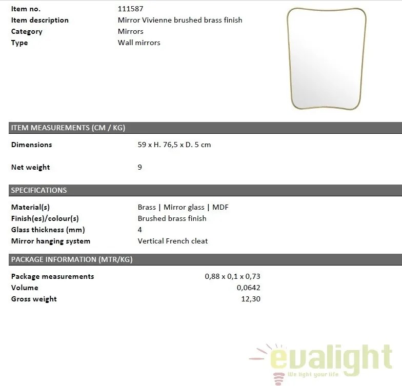 Oglinda design Lux cu rama din alama, Vivienne 59x76,5cm 111587 HZ