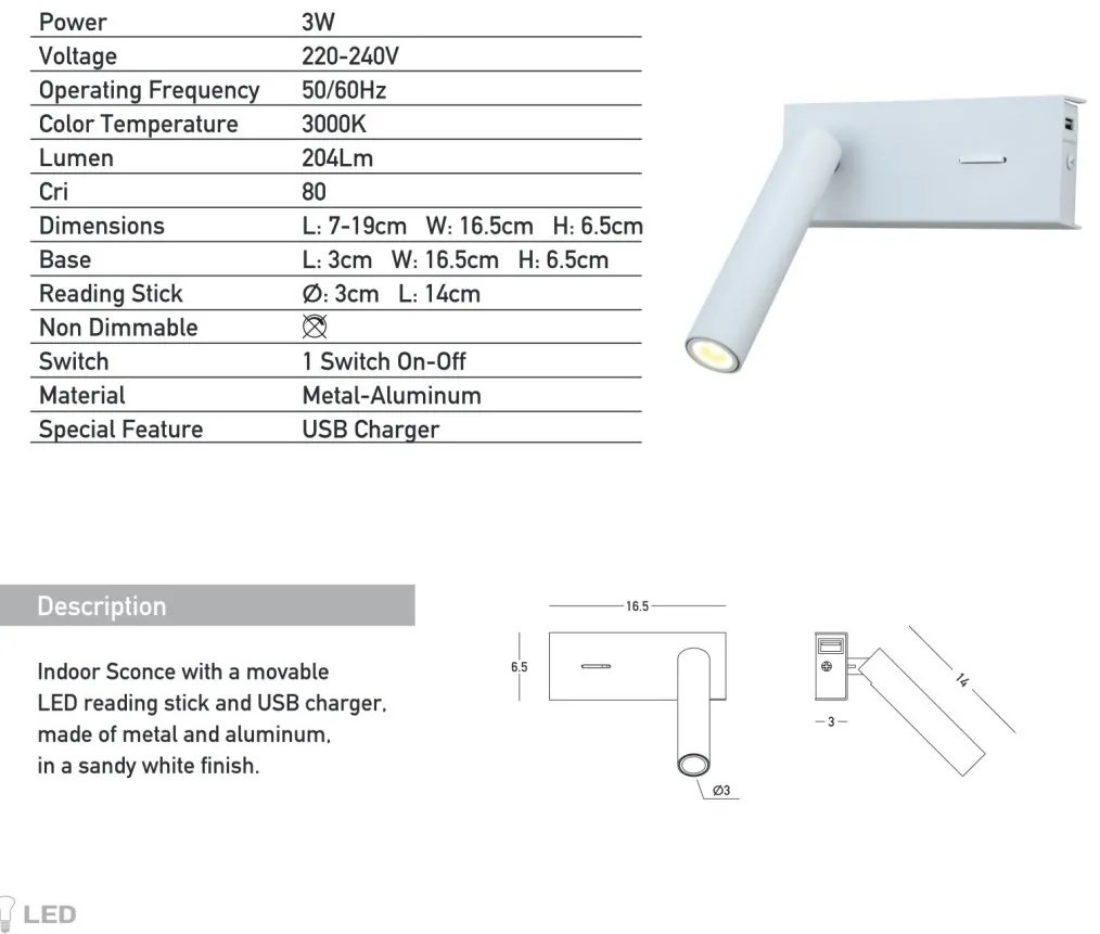 Aplica de perete cu spot LED directionabil, USB Charger Nihad alba