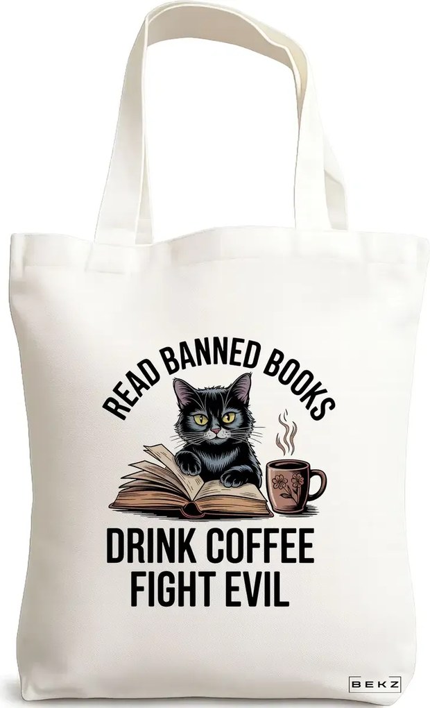 Sacosa de Panza pentru Cumparaturi, Geanta Tote, model Read Banned Books, 38 x 34.5 cm, Alba, BEKZ®