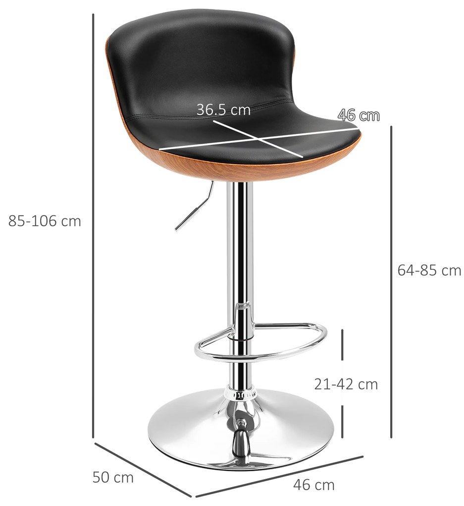 HOMCOM Set de 2 Taburet de Bar Design Contemporan Înălțime șezut reglabil 64-85 cm rotire 360° acoperire sintetică Negru Imitație Lemn | Aosom Romania
