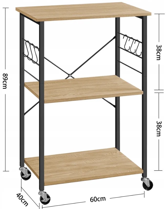 Raf multifunctional de bucatarie pe roti TRONUS, negru/dub sonoma