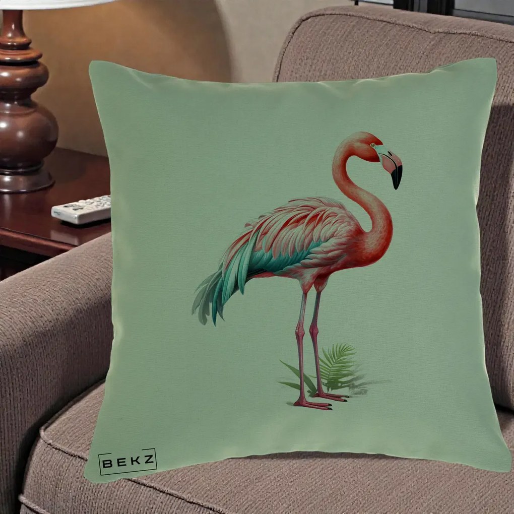 Perna Decorativa Flamingo Roz cu Pene Teal, 40x40 cm, Verde, Husa Detasabila, Perna Inclusa, BEKZ®