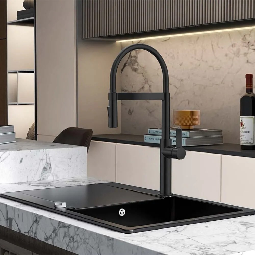 Baterie bucatarie cu pipa flexibila Inter Ceramic finisaj negru mat cu 2 functii