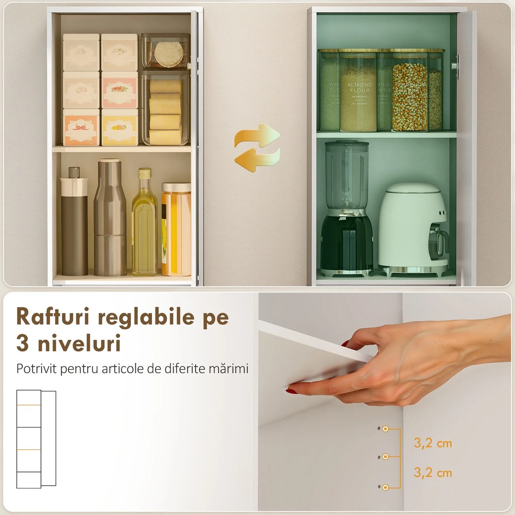 HOMCOM Dulap de Bucătărie Înalt Slim 180 cm, Mobilier cu 5 Rafturi și Ușă Soft Close, Anti-Răsturnare, Rafturi Reglabile, Mobilier Modern pentru Bucătărie, Alb | Aosom Romania