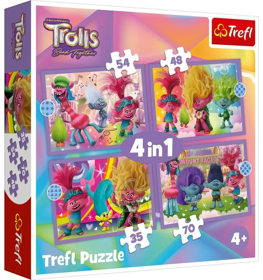 Puzzle Trefl Trolli 3 Aventură colorată, 4în1 (35, 48, 54, 70 bucăți)