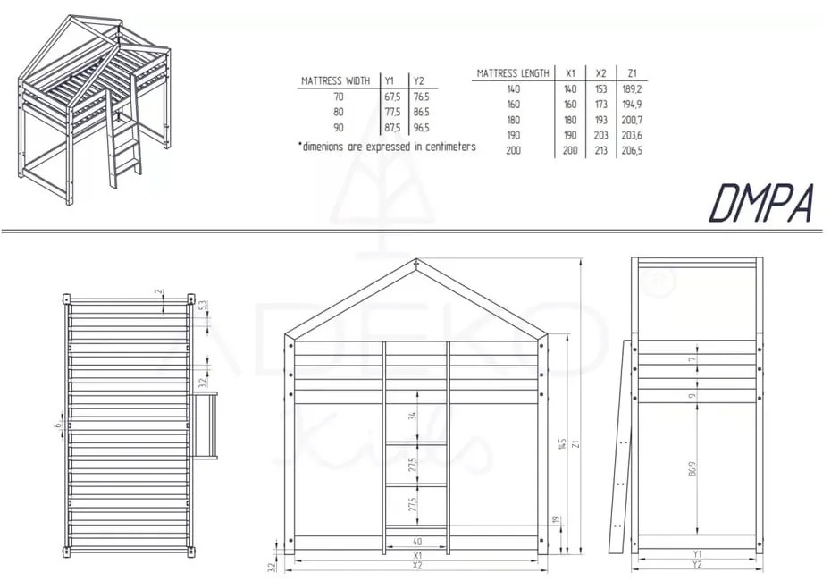 Pat supraetajat din lemn de pin, în formă de căsuță Adeko Mila DMPA, 80 x 180 cm