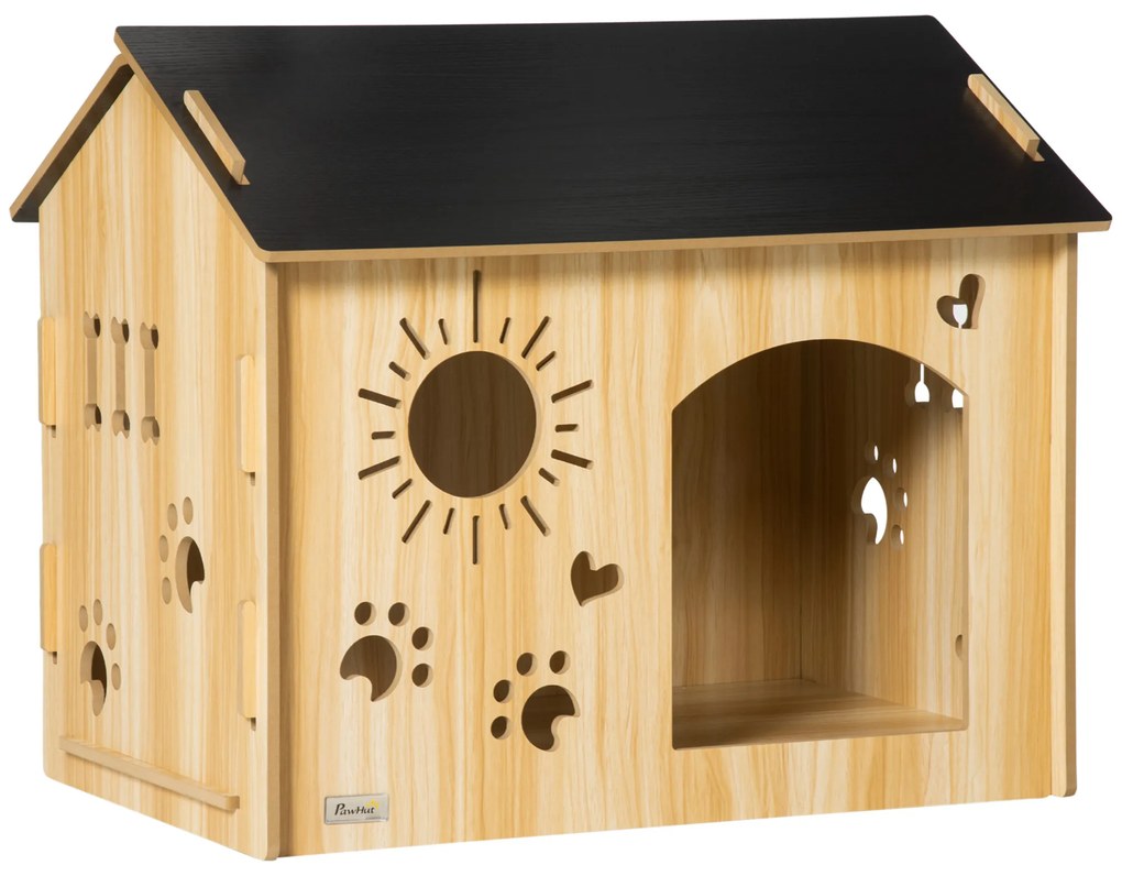 PawHut Hundehütte, cu deschideri pentru ventilare, rezistent la intemperii, din material lemnos, Negru+Culoare lemn, 69 x 50 x 58,5 cm | Aosom Romania