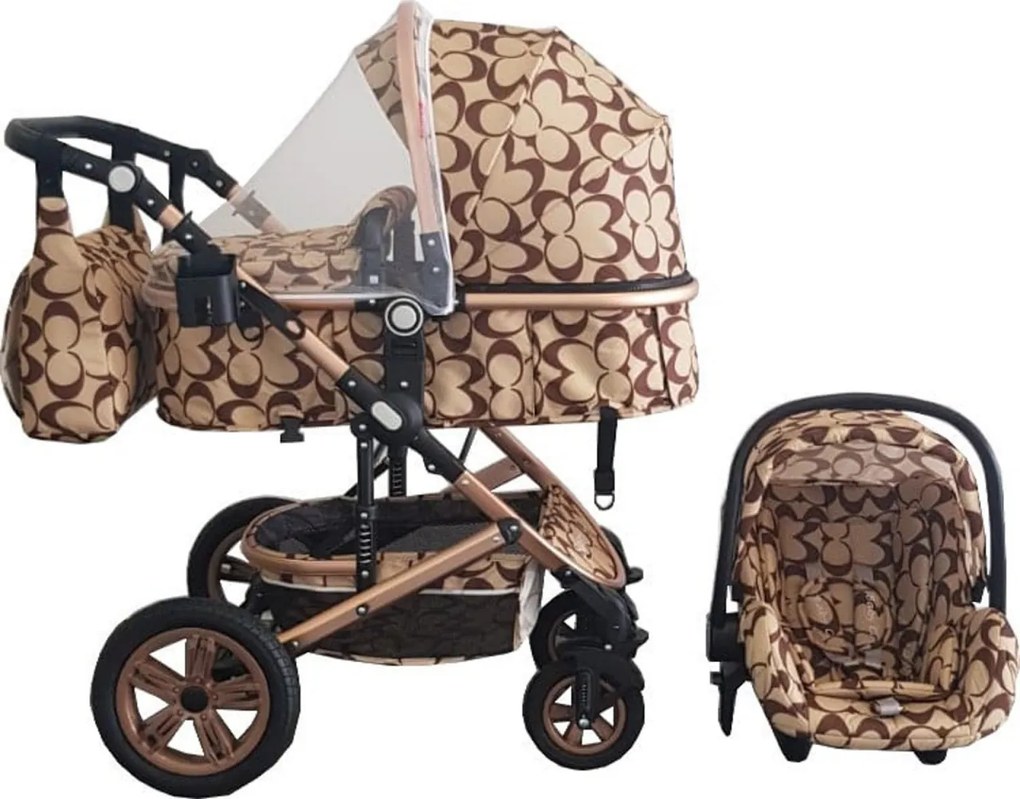 Carucior nou nascuti 3 in 1 Baby Care™ PRO 530 ,Cu geanta bebe, Cadru Aluminiu Gold, Amortizoare, Roti din cauciuc plin AVE, Landou, Scoica auto,