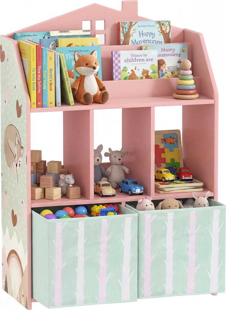 AIYAPLAY Raft pentru jucării pentru copii cu sertare din material textil rafturi deschise design cu vulpi organizator de jucării roz | Aosom Romania