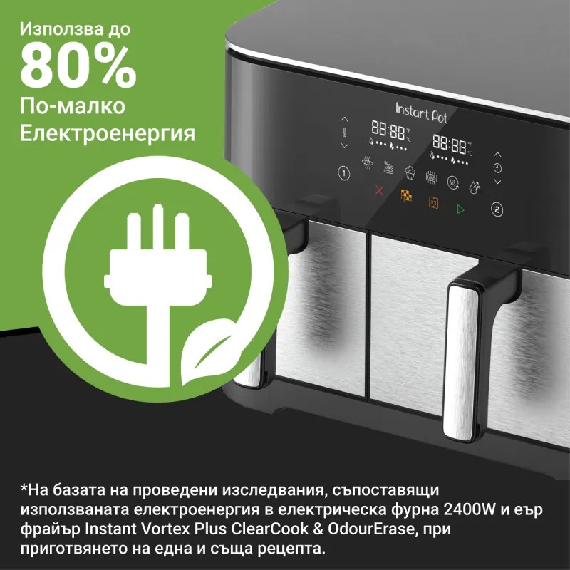 Friteuza dubla cu aer cald 8in1 Instant Pot Vortex DUAL SPLIT, 2600 W, 11 l, 205 °C, EvenCrisp, Gatit sincronizat, Comanda tactila, Negru/Inox