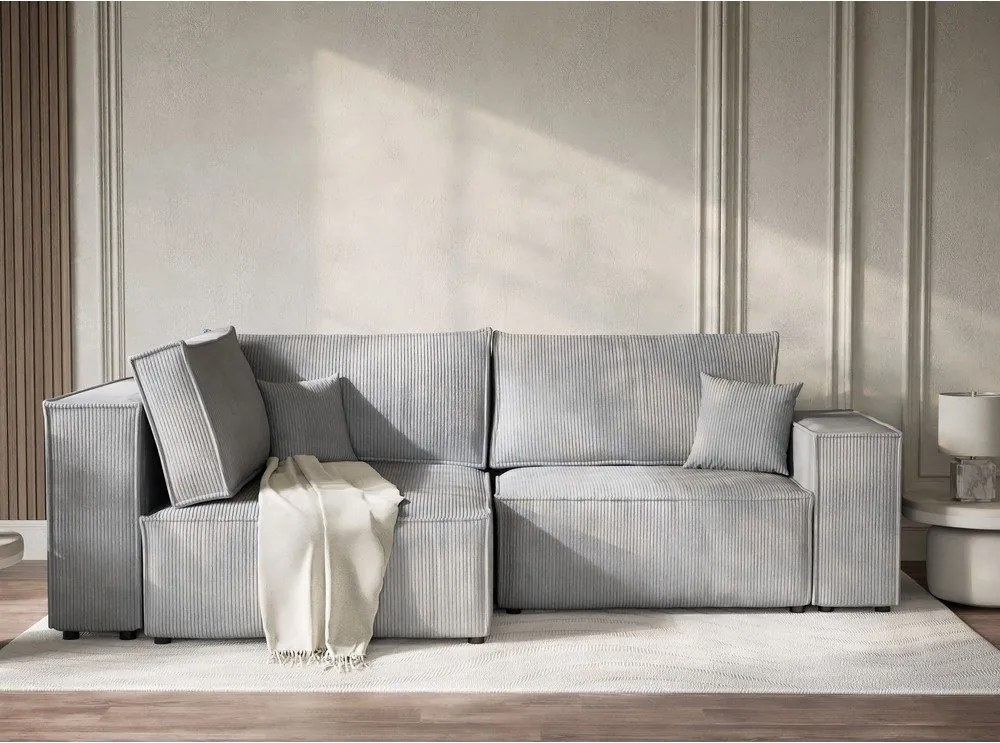 Colțar gri extensibil/cu spațiu de depozitare cu tapițerie din catifea reiată (cu colț pe partea stângă/în formă de ”L”) Tonga – Maison de Rêve