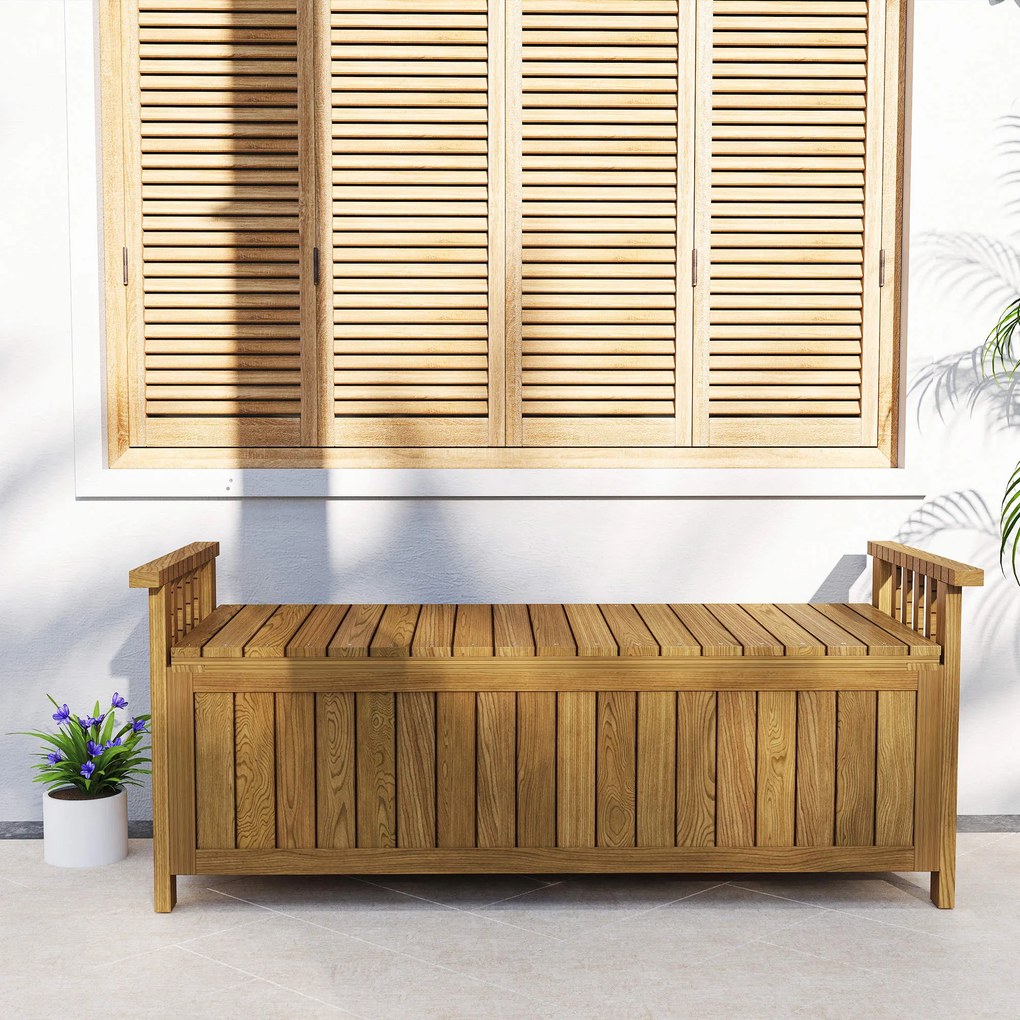 Outsunny Banca de grădină pentru 2 persoane din lemn, cu depozitare de 186L, banca de exterior cu brațe, 128,5 x 56 x 53,5 cm, maro | Aosom Romania