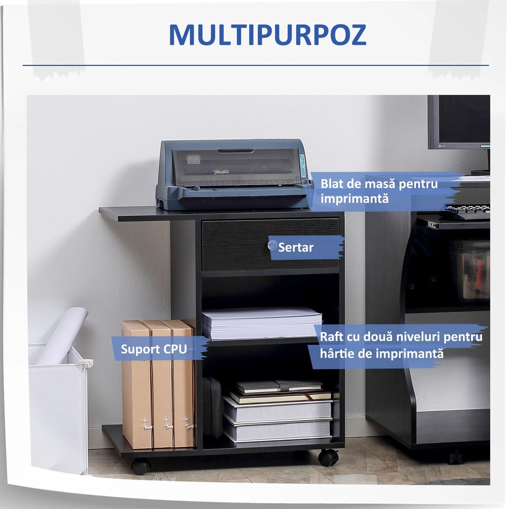 Vinsetto Mobilă Imprimantă Lemn cu Sertar și 2 Etajere, Design Compact, 60x40x68.5cm, Negru | Aosom Romania