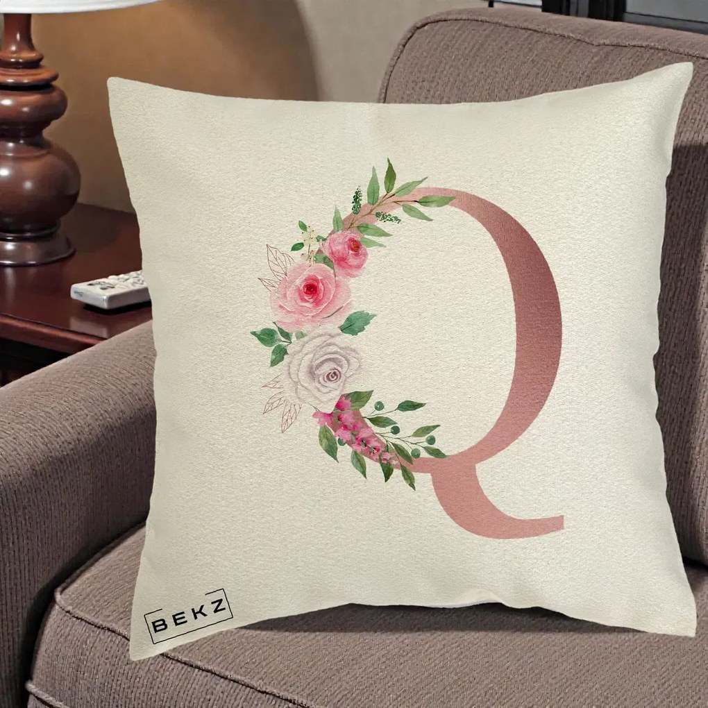 Cadou Personalizat - Perna Personalizata Monograma Rose Gold Litera Q, 40x40 cm, Ecru, Husa Detasabila, Perna Inclusa, BEKZ®