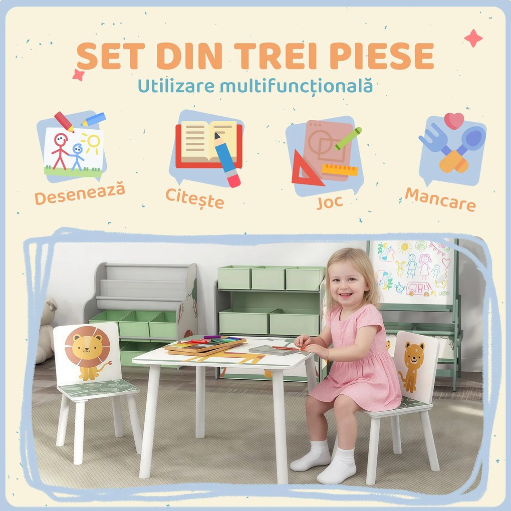 AIYAPLAY Set de Masă și Scaune pentru Copii, 3 Piese, Masă cu 2 Scaune pentru Dormitor, Grădiniță, Sală de Jocuri, Verde | Aosom Romania