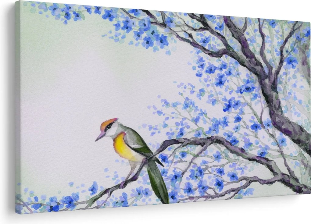 Tablou - Pasăre pe un copac cu flori albastre (90x60 cm)