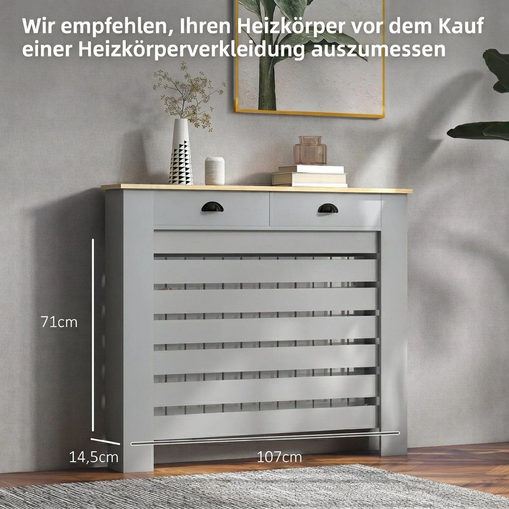 HOMCOM Acoperiș pentru calorifer din MDF cu doghe, cu 2 sertare, 111x19x95.5 cm, Gri | Aosom Romania