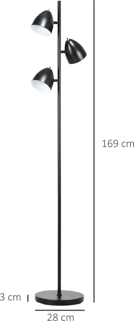 HOMCOM Lampadar de salon design industrial 3 abajururi reglabile din otel 38 x 28 x 169 cm negru | Aosom Romania