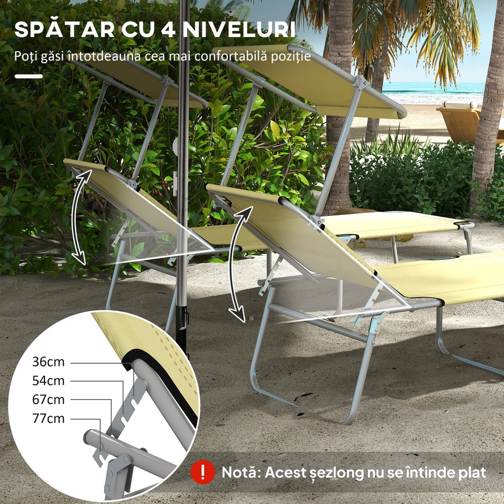 Outsunny Set de 2 Șezlonguri Pliabile cu Tetieră Reglabilă, Spătar Reglabil, Șezlonguri de Grădină din Material Oxford și Metal, pentru Plajă, Piscină, 187x58x36 cm, Bej | Aosom Romania