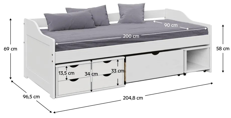 Pat cu spaţiu de depozitare, alb, lemn masiv, 90x200, MAXI NEW