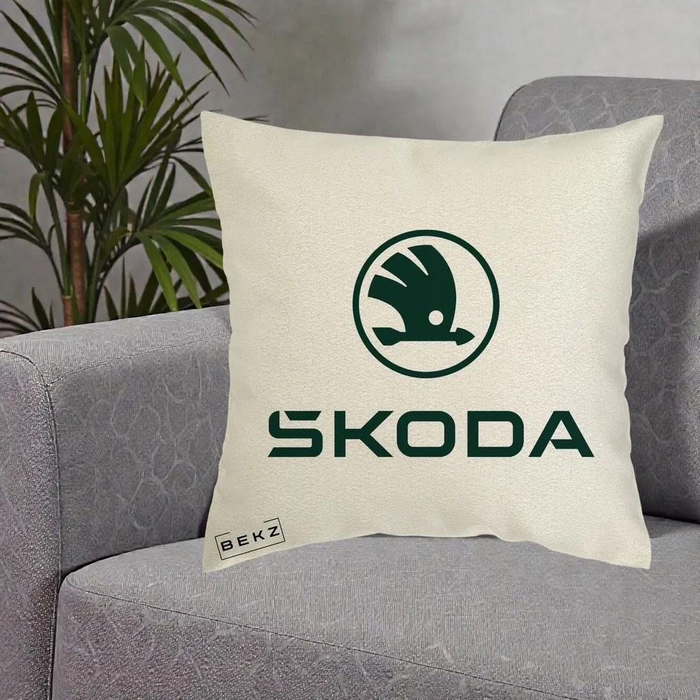Perna Personalizata cu emblema Skoda, 40x40 cm, Ecru, Husa Detasabila, Perna Inclusa, BEKZ®