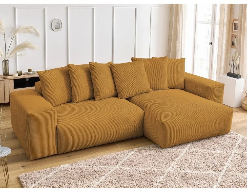 Colțar galben muștar extensibil/cu spațiu de depozitare cu tapițerie din catifea reiată Voltaire – Bobochic Paris