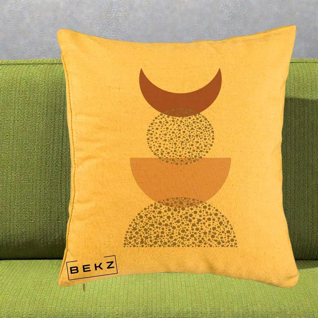 Perna Decorativa Boho Luna Plina si Forme Punctate, 40x40 cm, Galben, Husa Detasabila, Perna Inclusa, BEKZ®