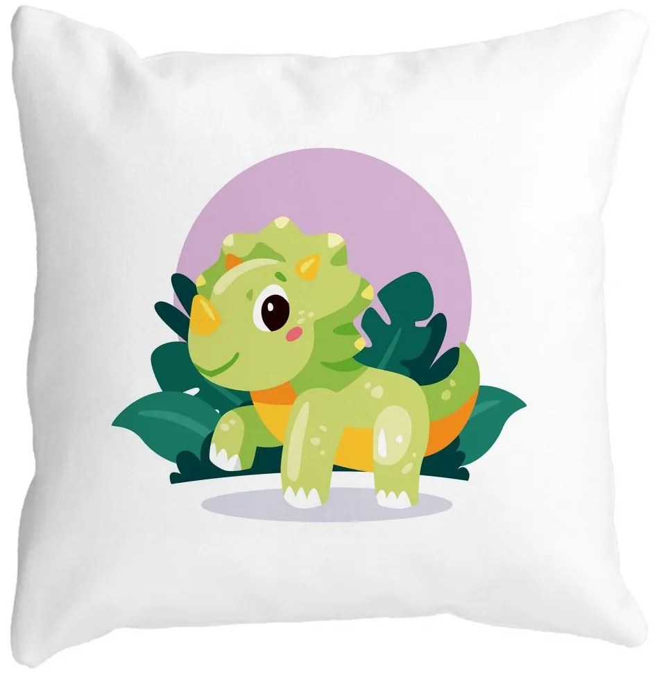 Perna Decorativa Patrata Baby Dinozaur Verde cu Peisaj, 40x40 cm, Alba, Mata, Husa Detasabila, Burduf