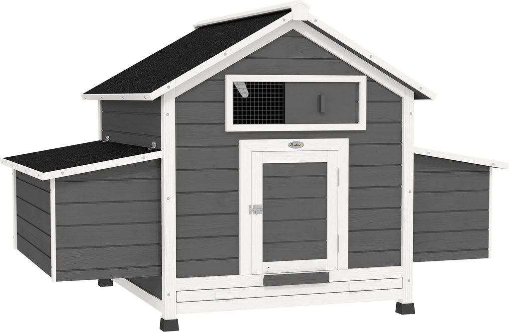 PawHut Coteț din Lemn pentru Exterior cu 2 Cuiburi de Ouă, Adăpost pentru Găini cu Tavă Detașabilă și Acoperiș din Asfalt, pentru 2-4 Găini, Gri | Aosom Romania