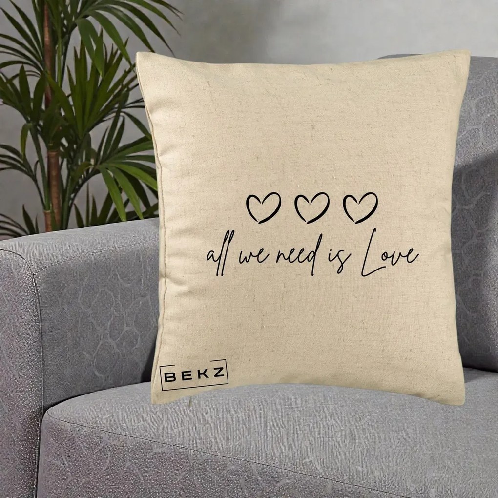 Perna Decorativa All We Need Is Love, 40x40 cm, Bej, Husa Detasabila, Perna Inclusa, BEKZ®