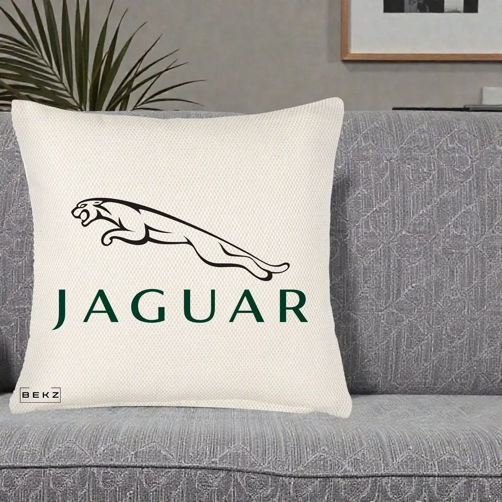 Perna Personalizata cu emblema Jaguar, 40x40 cm, Crem Reliefat, Husa Detasabila, Perna Inclusa, BEKZ®