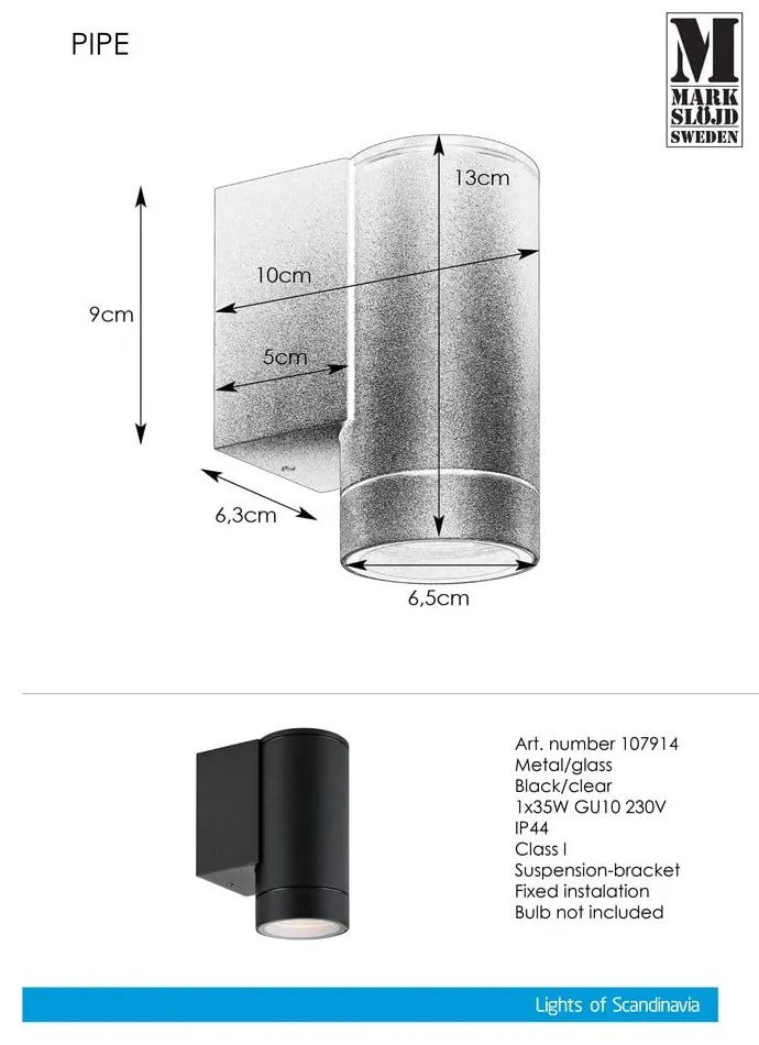 Corp de iluminat pentru exterior de perete (înălțime 13 cm) Pipe – Markslöjd
