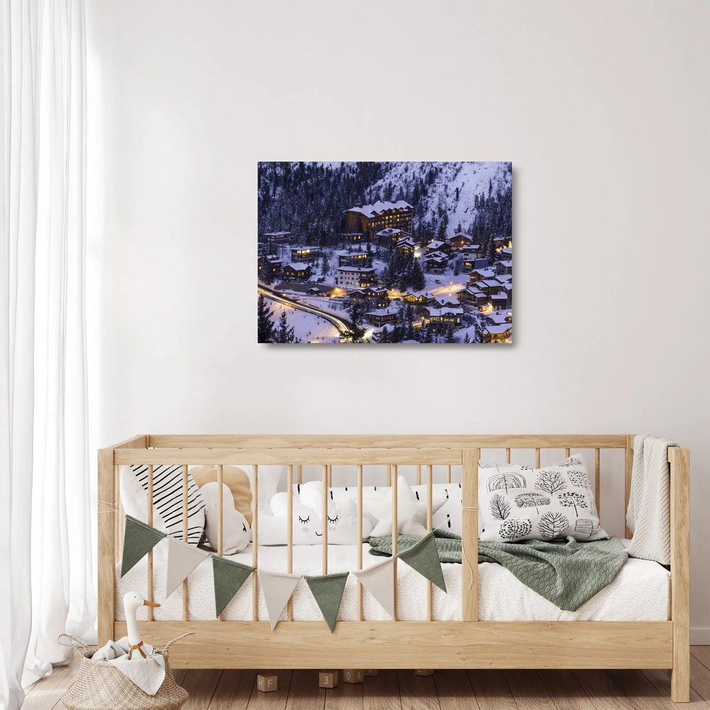 Tablou pe sticlă - orășelul montan iarna (70x50 cm)