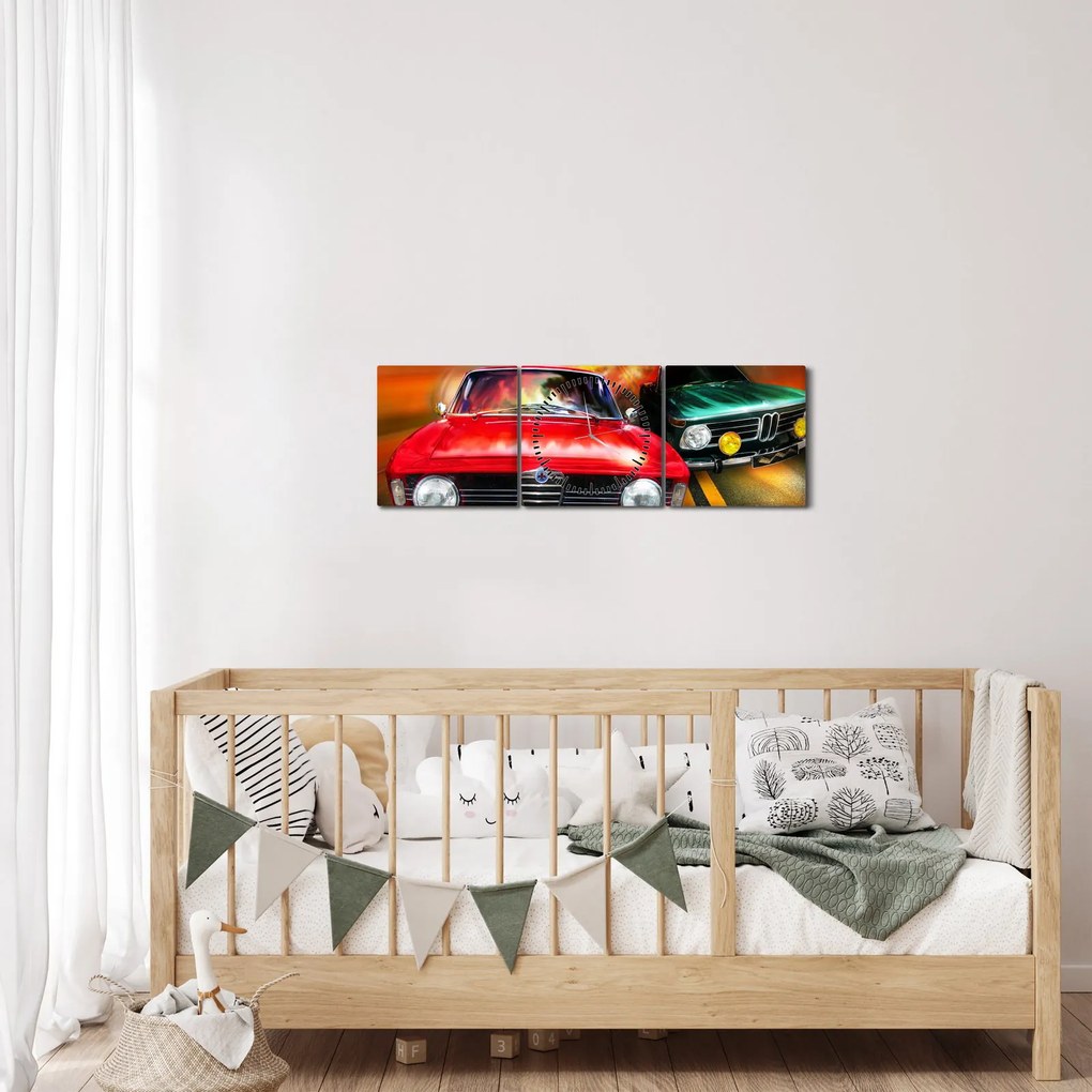 Tablou - Mașini de curse retro (cu ceas) (90x30 cm)