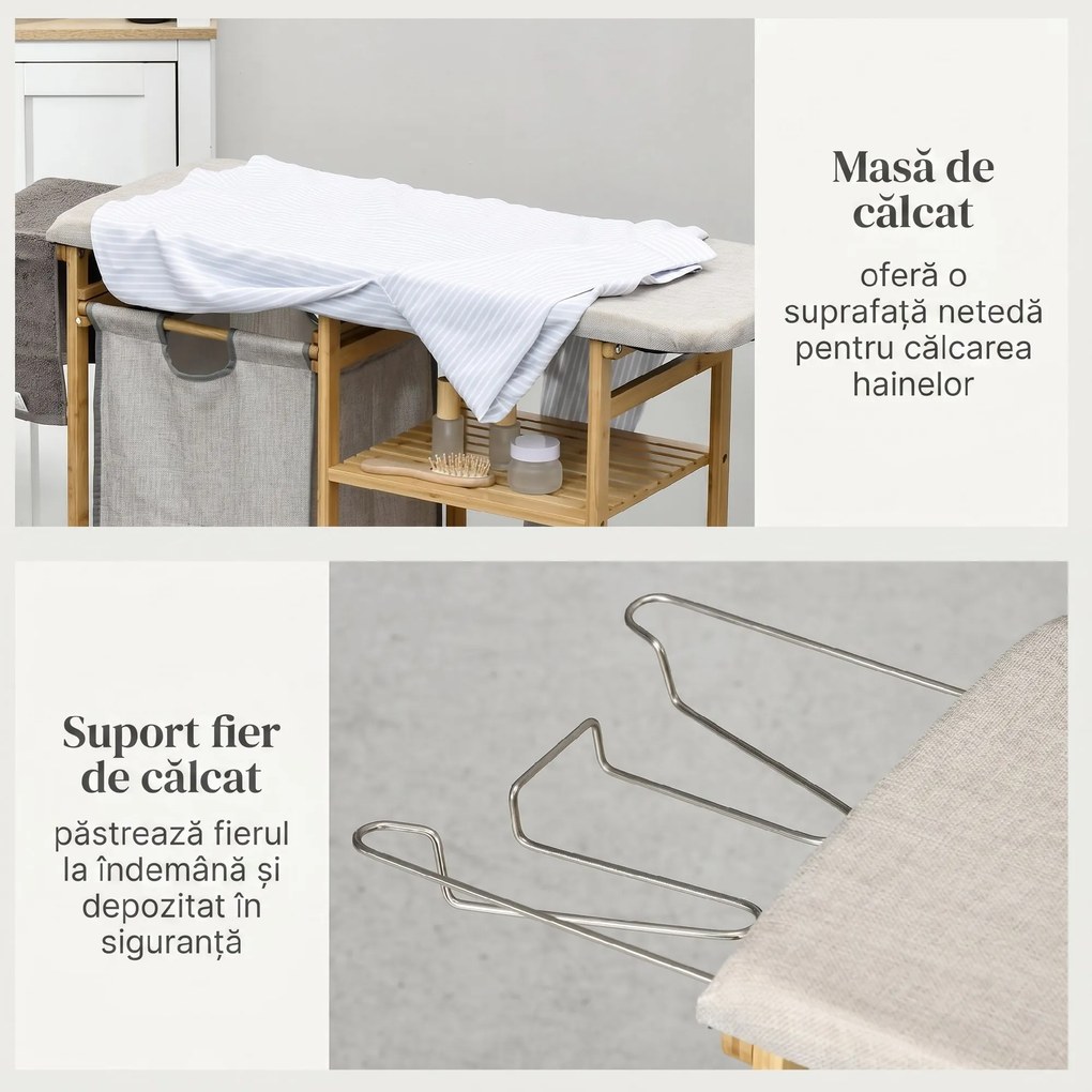 HOMCOM Coș de Rufe din Bambus cu Masă de Călcat și Suport de Călcat, Coș de Rufe cu Raft cu 3 Niveluri, 113x34x82 cm, Gri