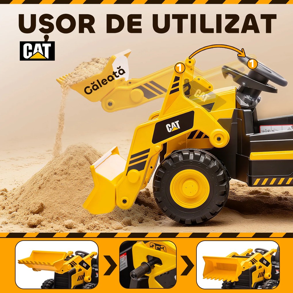 AIYAPLAY Ruspa Electrică pentru Copii 3-6 Ani Marca Oficială Caterpillar 12V cu Telecomandă, Galben | Aosom Romania