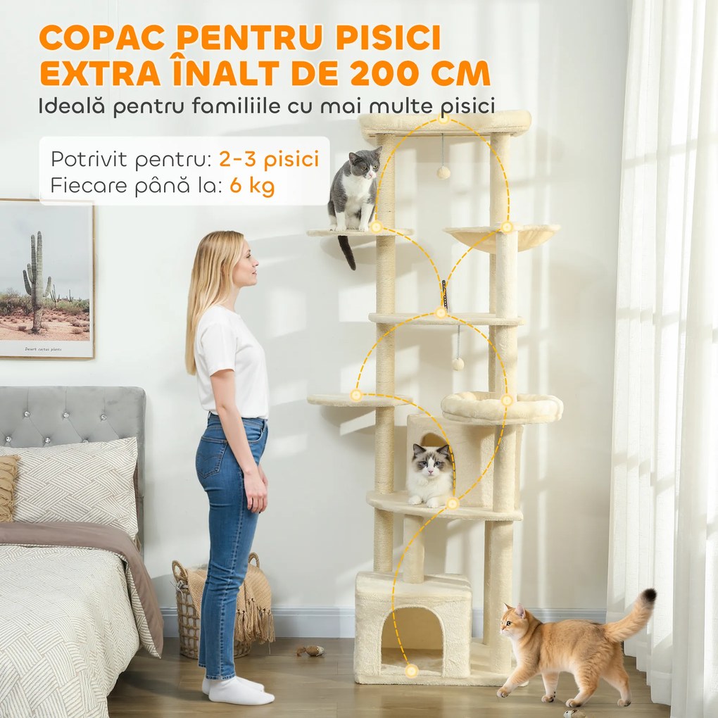 PawHut Ansablu de joacă pentru pisici, 2 căsuțe, 2 paturi și hamac, 200cm, bej | Aosom Romania