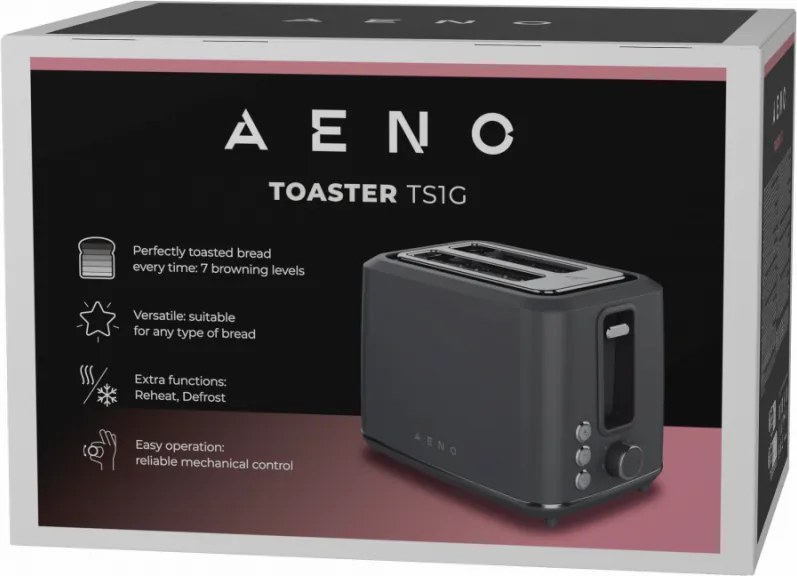 Prajitor de paine AENO ATS0001G, 930W, 7 trepte, Control tactil, Timer invers, Protectie blocare felie, Silentios, Gri