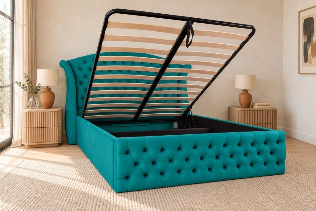 Pat tapițat Chesterfield din catifea Sorella Simple 160×200 cm, turcoaz, cu ladă de depozitare