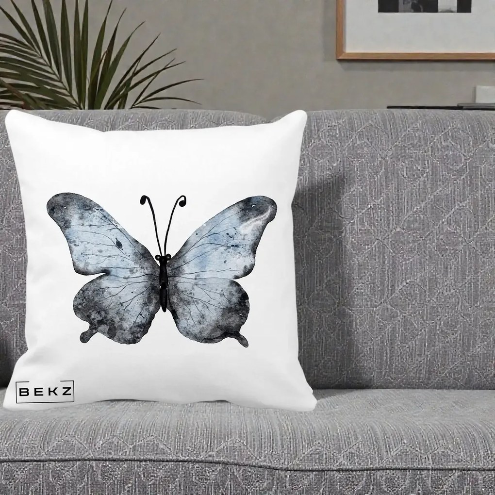 Perna Decorativa Fluture Acuarela Albastru-Gri, 40x40 cm, Alba Mata, Husa Detasabila, Perna Inclusa, BEKZ®