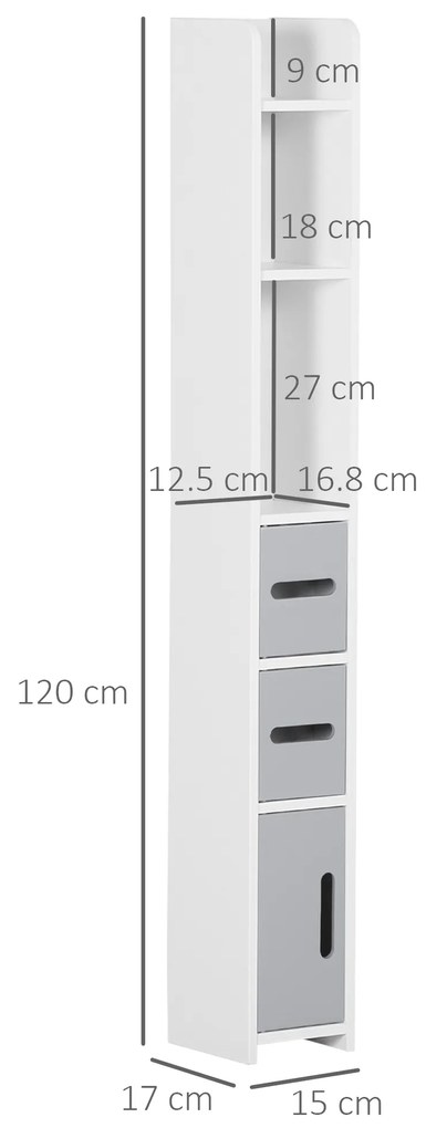 Coloană de Baie Kleankin cu Rafturi și Dulapuri, Organizator Lemn, Design Modern 15x17x120cm, Alb și Gri | Aosom Romania