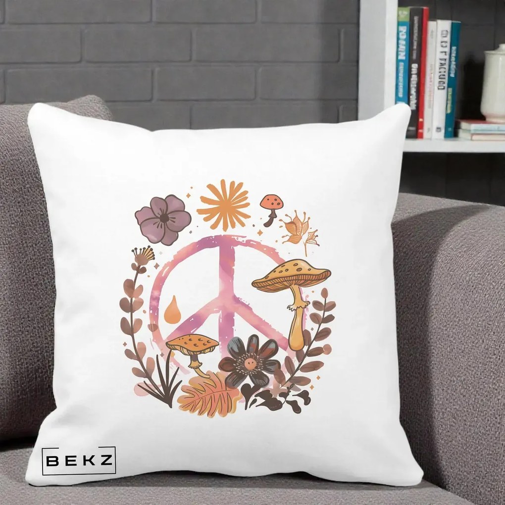 Perna Decorativa Peace Ciuperci Boho, 40x40 cm, Alba Mata, Husa Detasabila, Perna Inclusa, BEKZ®