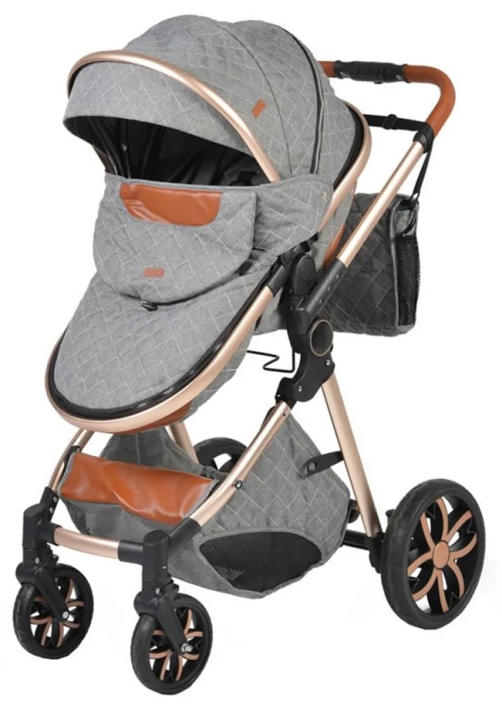 Carucior nou nascuti 2 in 1 NOVOKIDS™ Alma Gold PRO , Cu geanta bebe, Cadru Aluminiu , Amortizoare, Roti din cauciuc plin AVE, Landou, Modul sport,