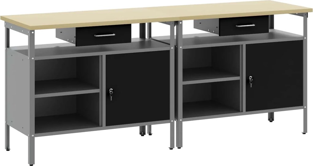 vidaXL Set banc de lucru cu sertar 2 pcs Negru și Gri 200 x 55 x 85 cm