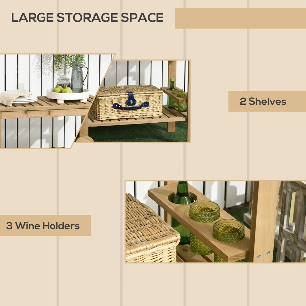 Outsunny Carucior de Grădină cu Roți din Lemn de Brad, Carucior de Servire cu Rafturi din Șipci, 2 Rafturi, 3 Suporturi pentru Sticle și Mâner, pentru Grădină Terasă Patio 95x47x74 cm, Culoare Lemn | Aosom Romania